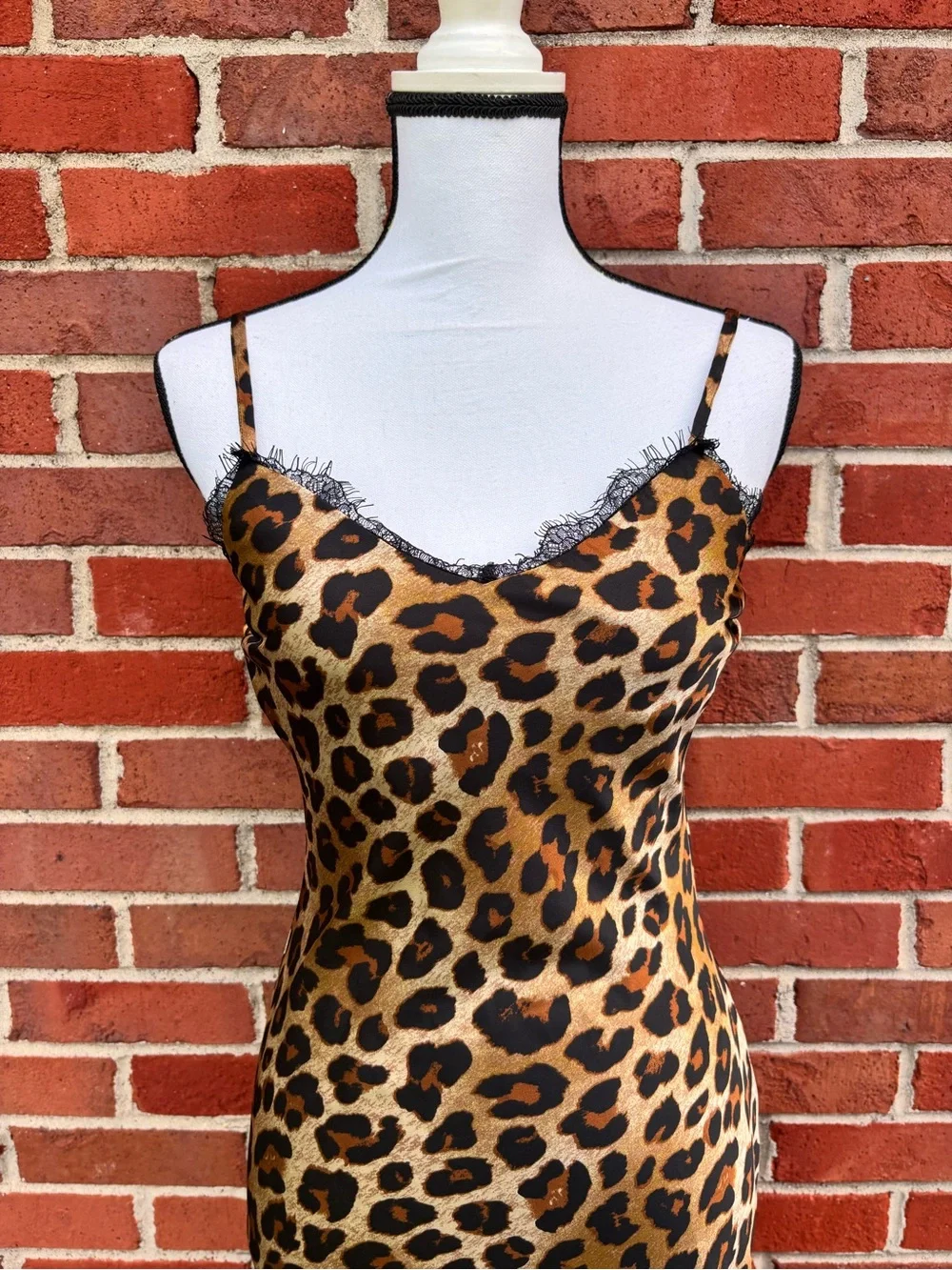 Leopard Print Satin Spaghetti Strap Midi Slip Dress  Lace Trim Womens Small